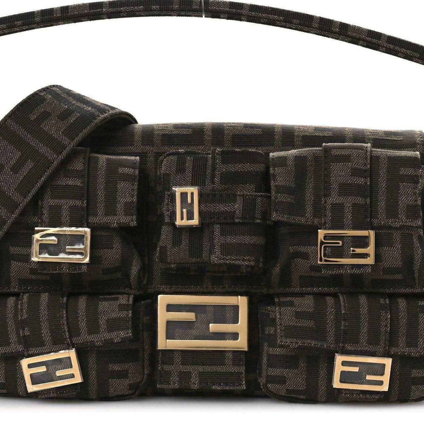 Fendi FF jacquard baguette bag front view with pocket flaps and gold-tone hardware