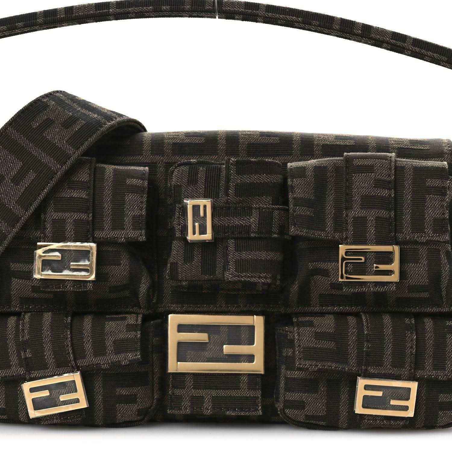 Fendi FF jacquard baguette bag front view with pocket flaps and gold-tone hardware