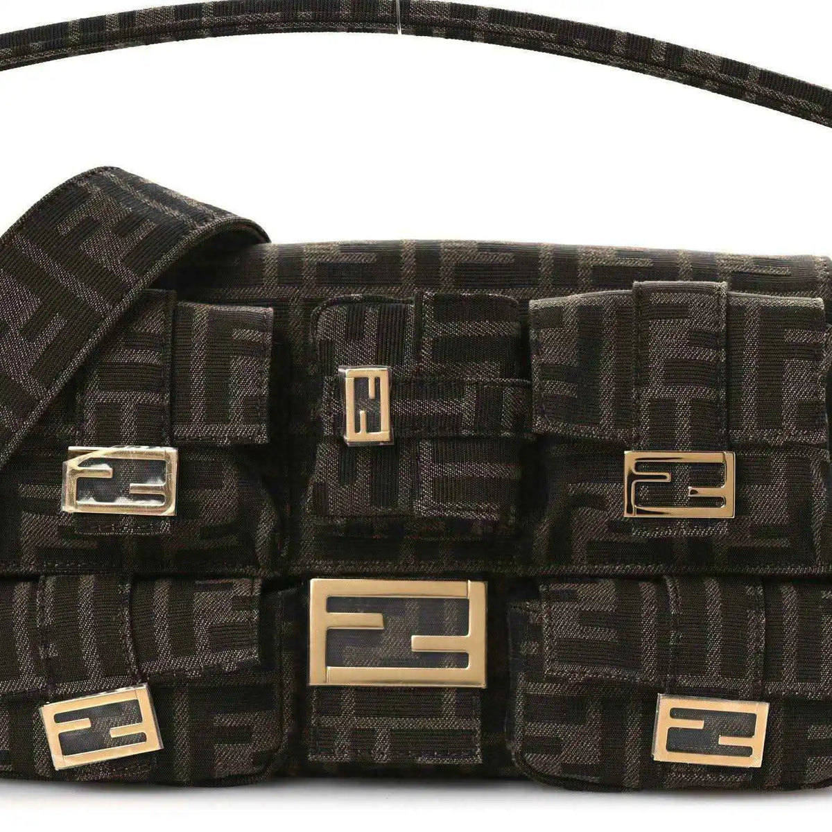 Fendi FF jacquard baguette bag front view with pocket flaps and gold-tone hardware
