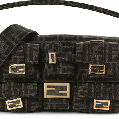 Fendi FF jacquard baguette bag front view with pocket flaps and gold-tone hardware