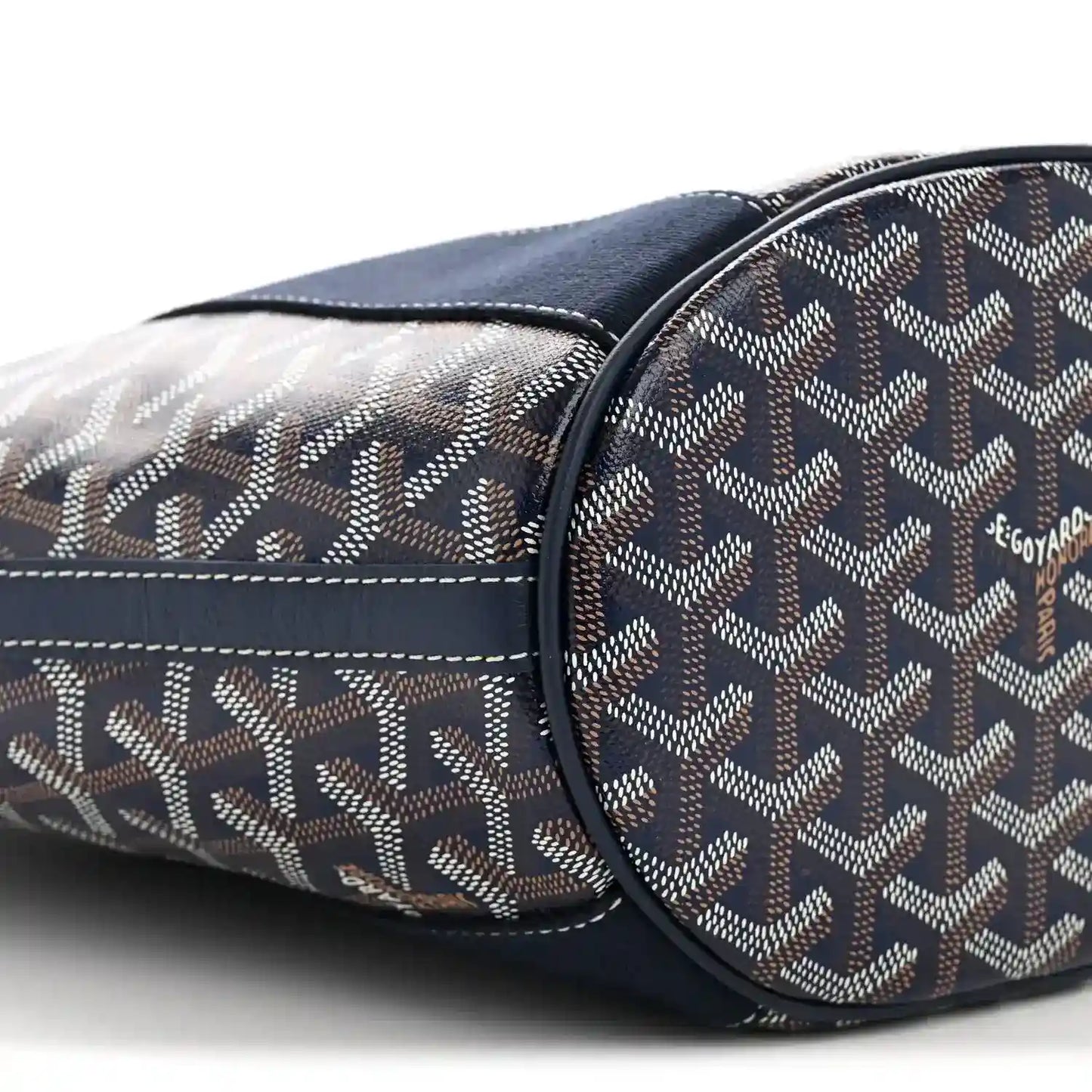 Navy patterned tote bag side with zipper trim and contrast edge piping
