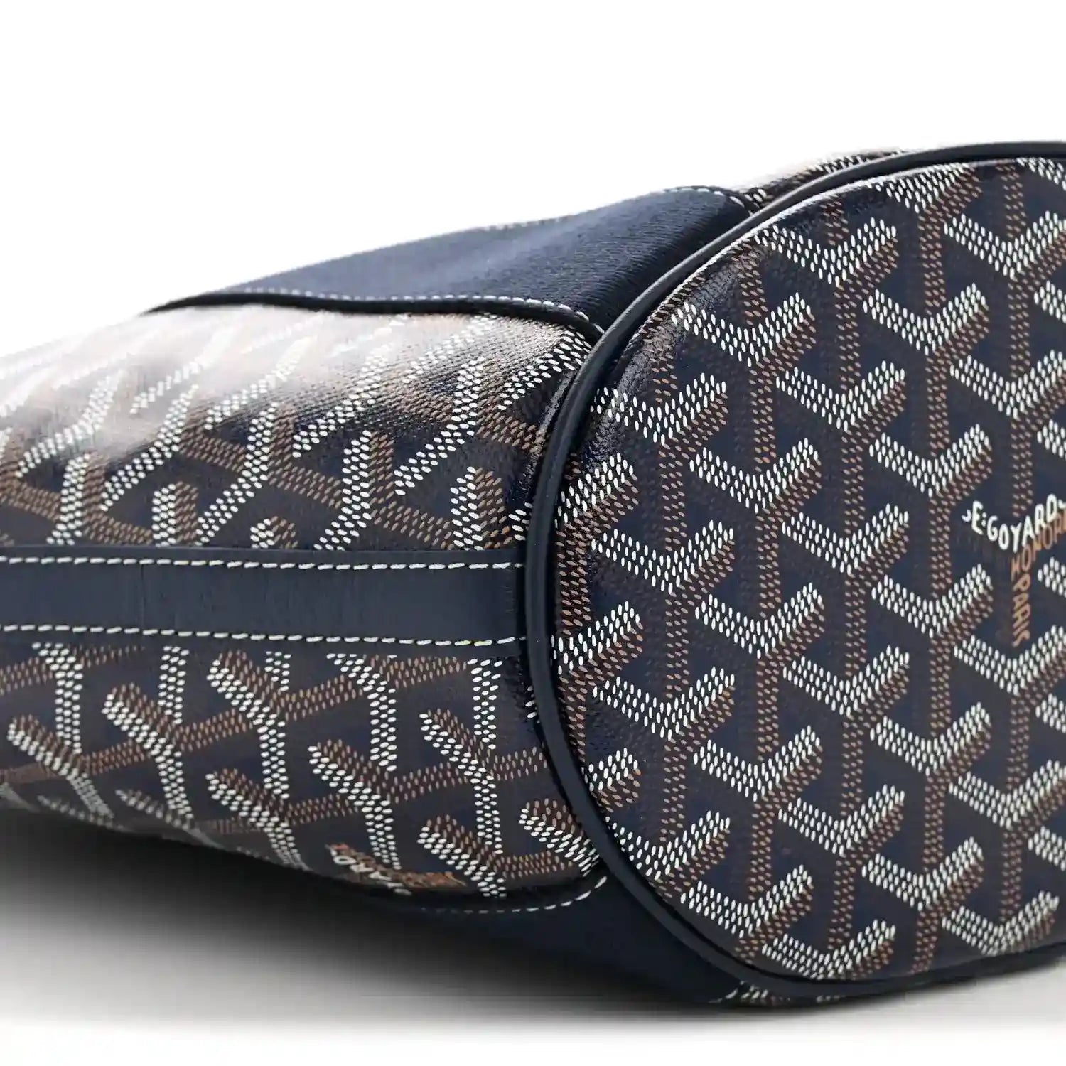 Navy patterned tote bag side with zipper trim and contrast edge piping