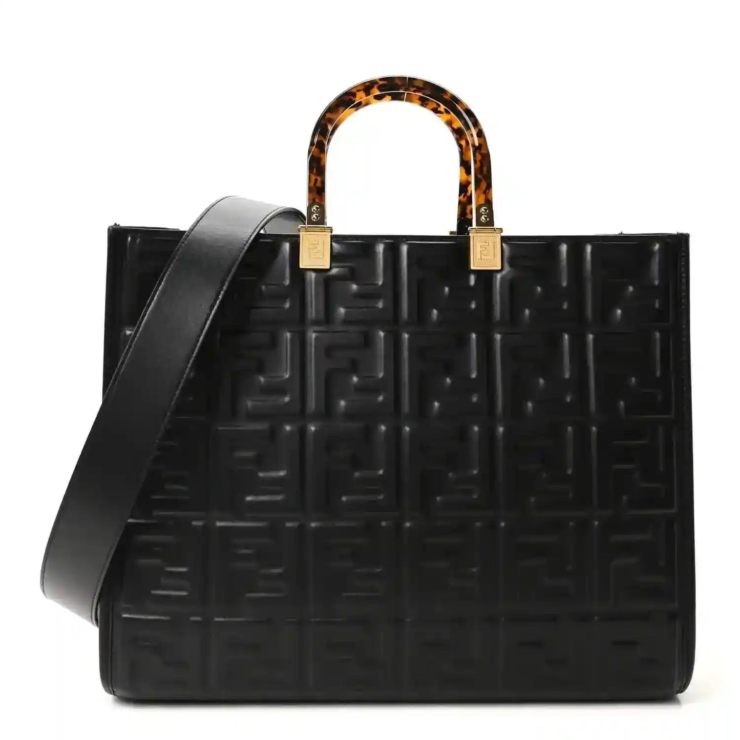Black embossed leather tote bag with FF pattern, top handles, and gold hardware
