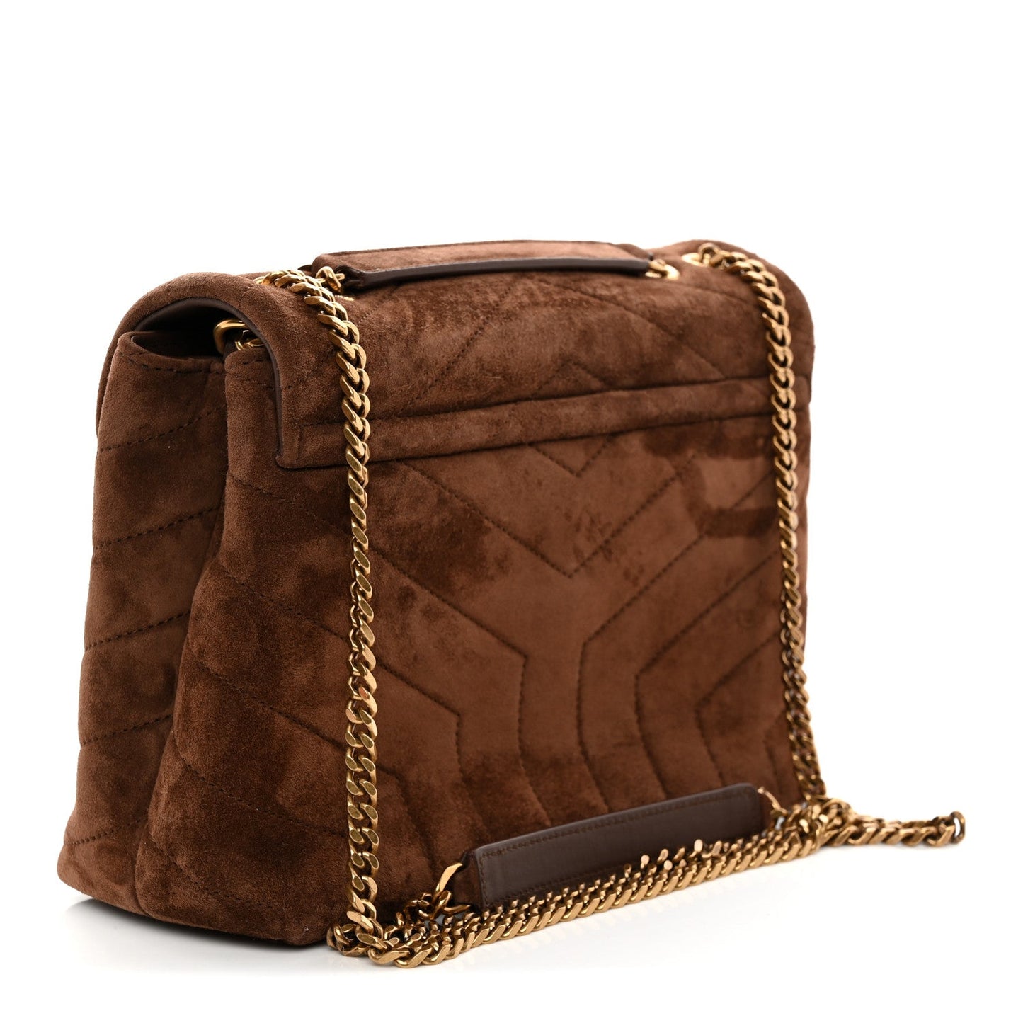 Small quilted suede satchel with flap, chain strap, and gold hardware, brown
