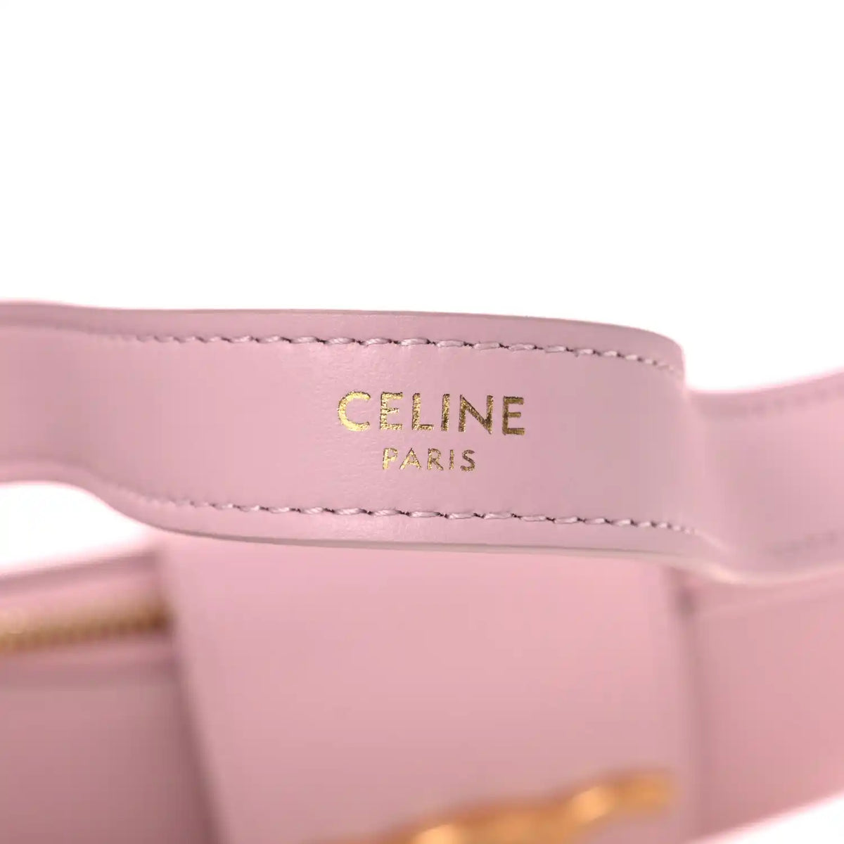Celine smooth calfskin bag label with “CELINE PARIS” stitching on pastel pink