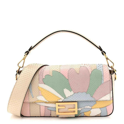Fendi baguette handbag with floral multicolor panel and gold-tone clasp