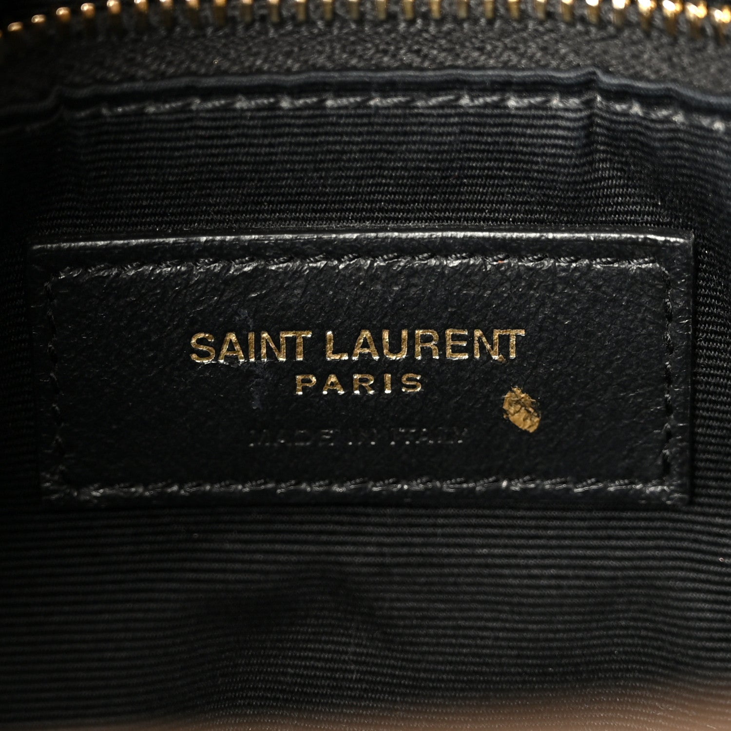 Small puffer chain satchel black designer label reading SAINT LAURENT PARIS