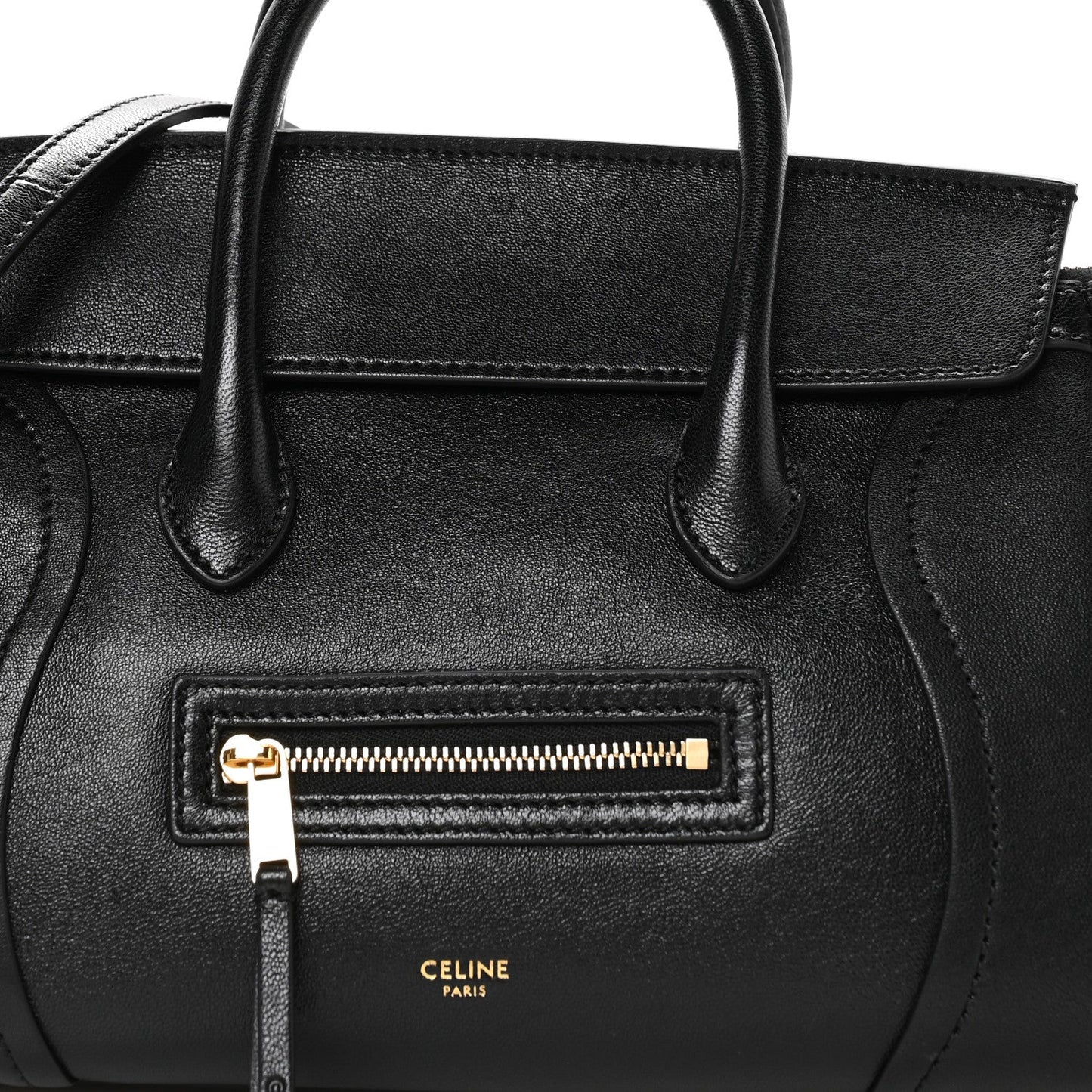 Celine black leather mini tote front close-up with zip pocket and handles