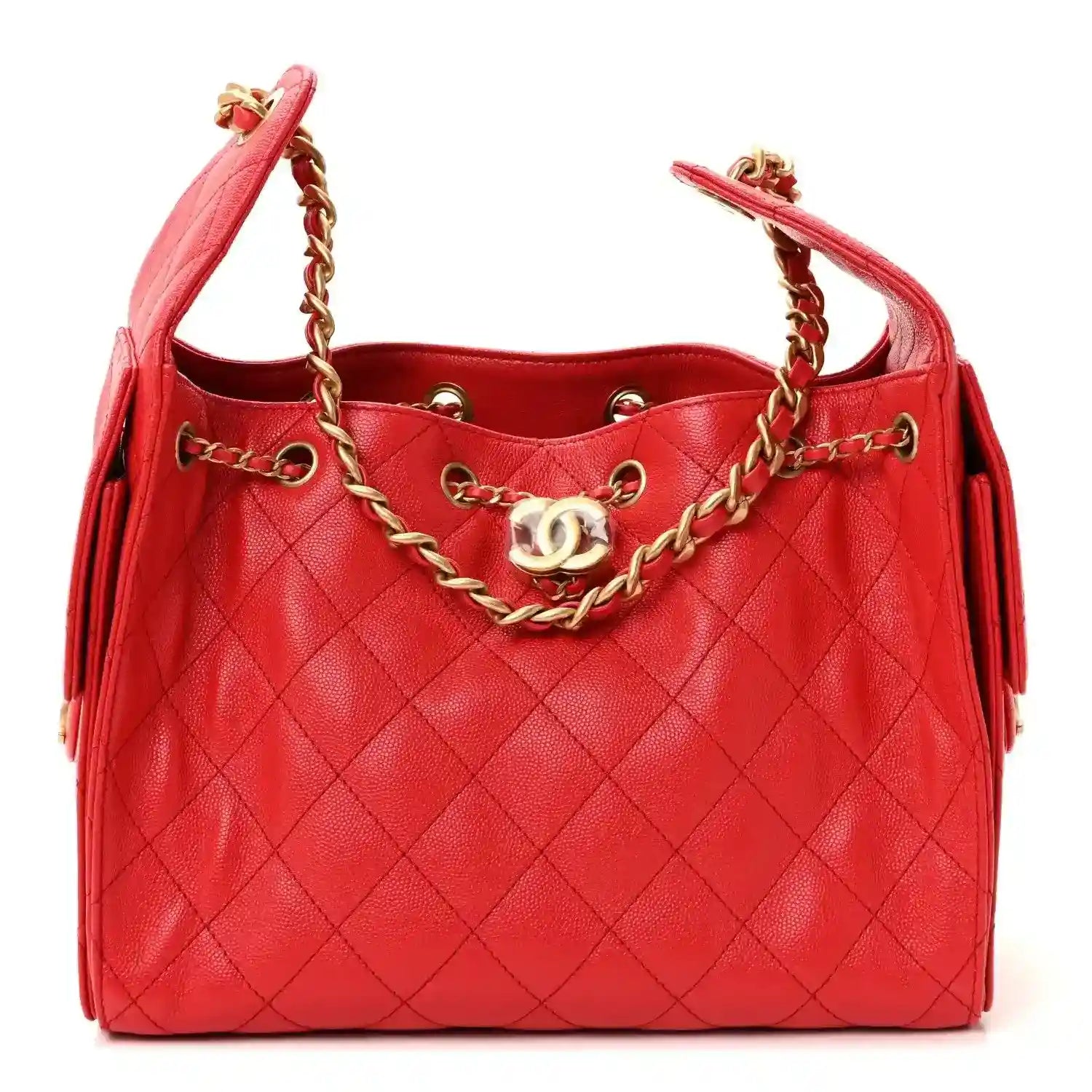Quilted leather handbag with chain strap, burgundy, CC turn-lock at front.