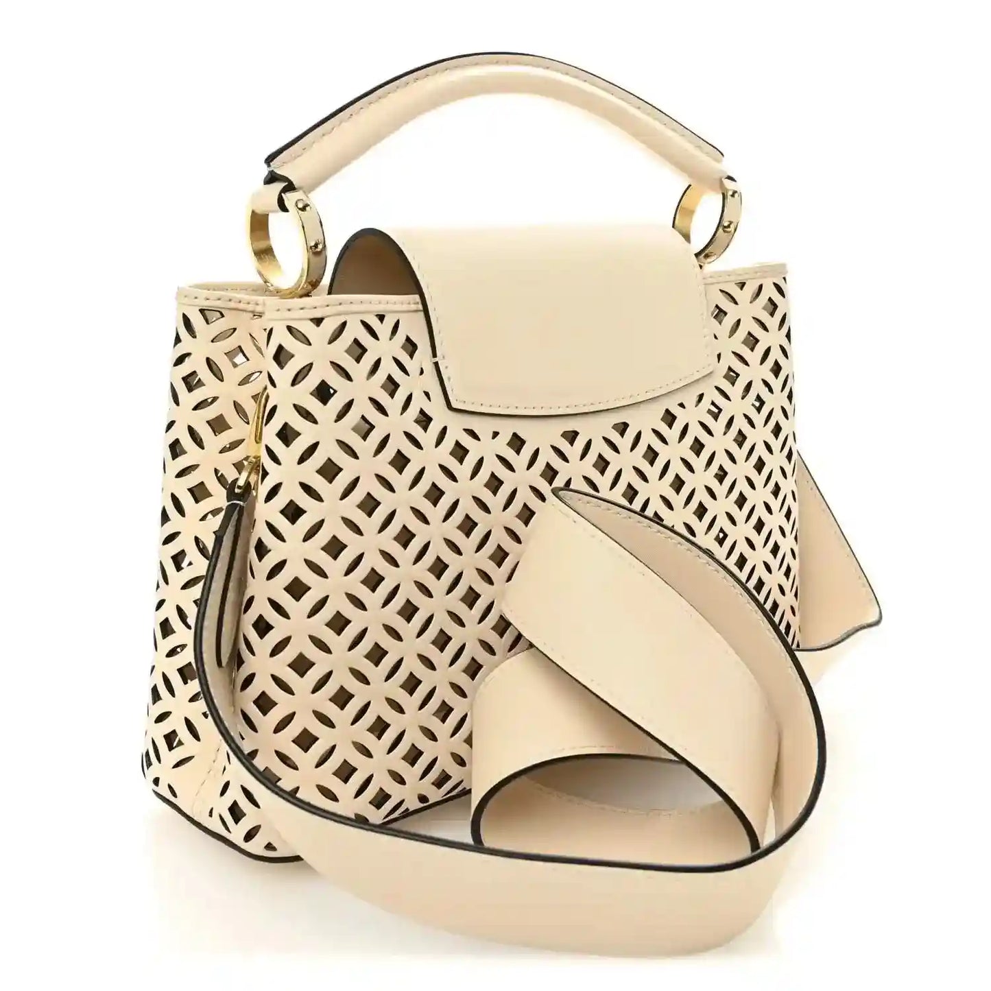 Louis Vuitton mini handbag with flap top and cut-out lattice front, light leather
