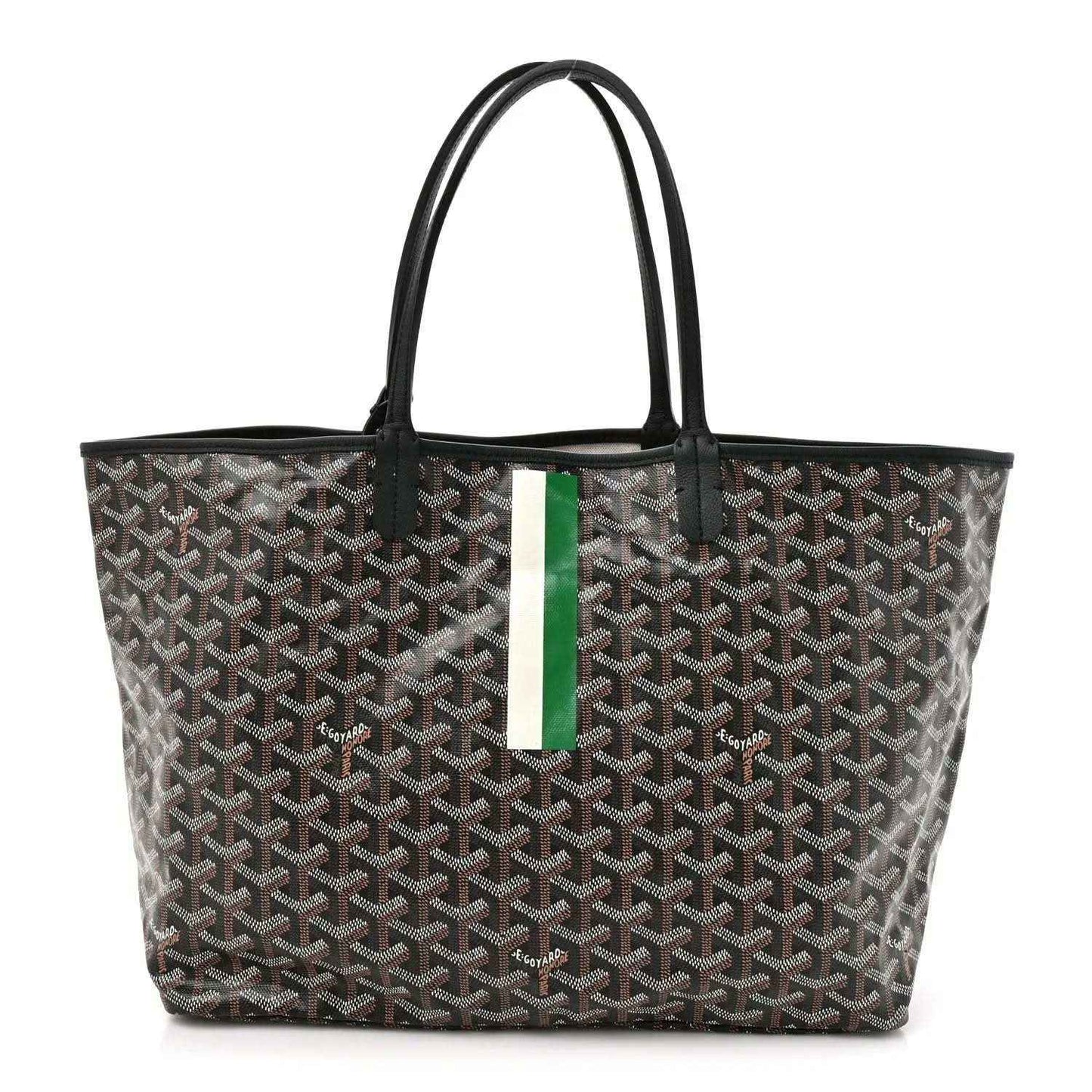 Black patterned tote bag with green stripe and long top handles