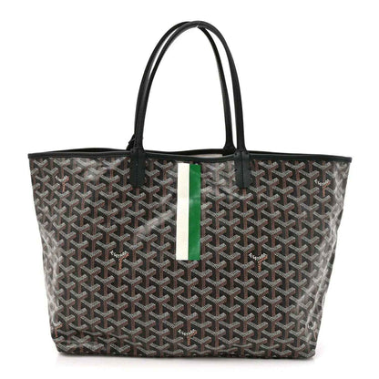 Black patterned tote bag with green stripe and long top handles