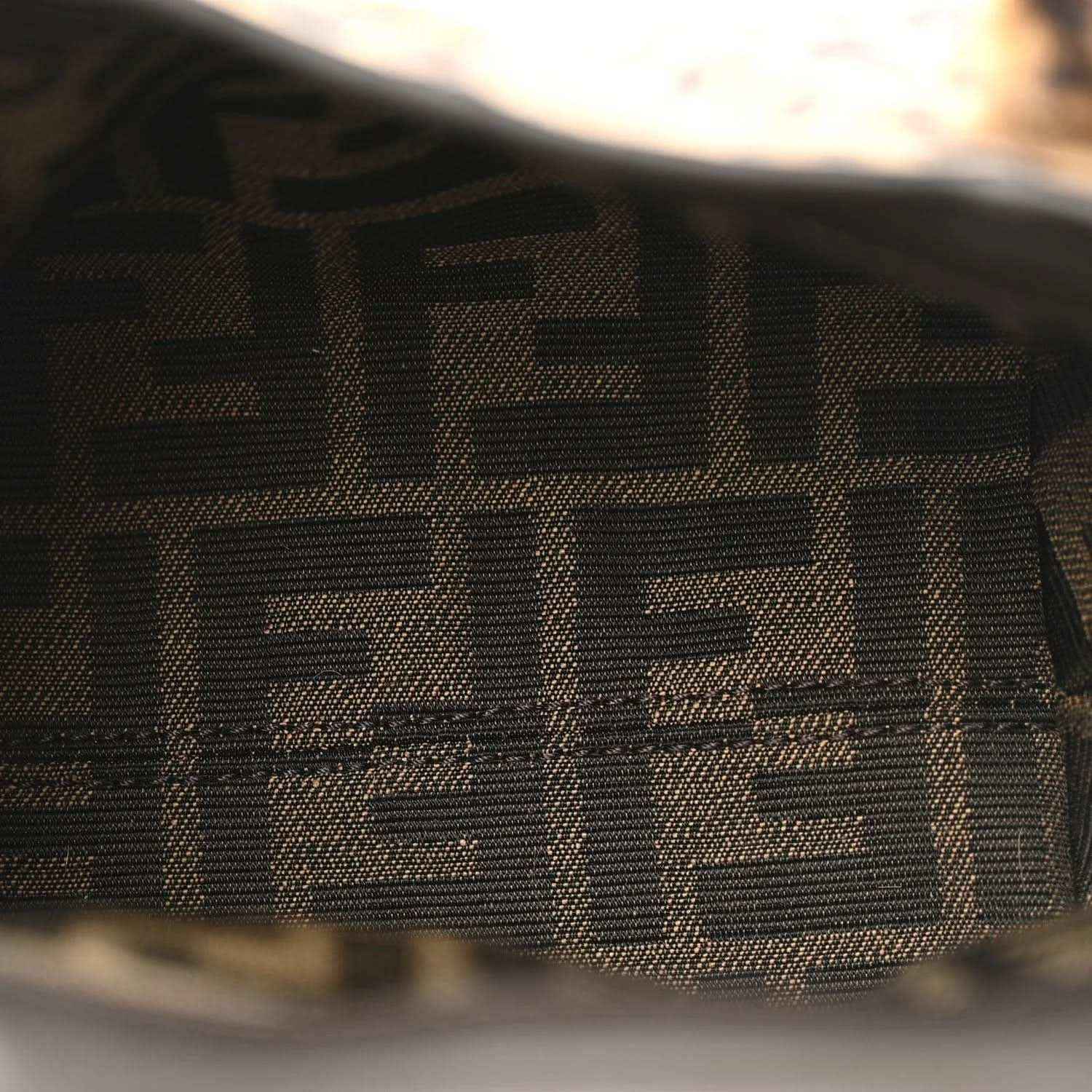 Close-up of dark monogram fabric with interlocking F pattern detail.