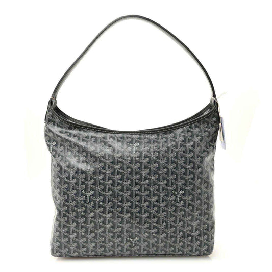 Grey hobo bag in patterned canvas with top handles and zip closure