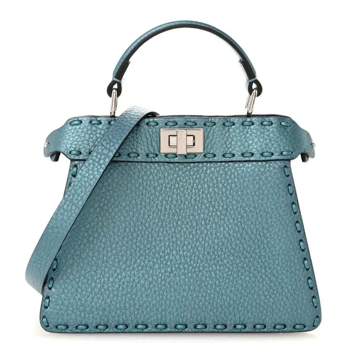 Blue pebbled leather petite satchel with top handle, clasp, and shoulder strap.