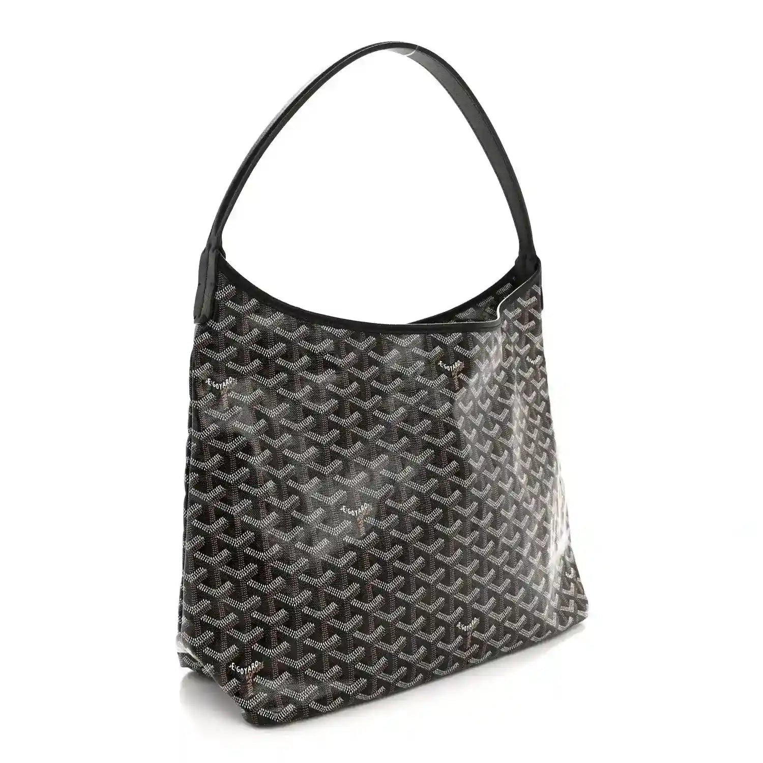 Goyard hobo bag angled view with black coated canvas and Goyardine monogram pattern