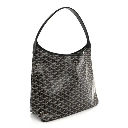 Goyard hobo bag angled view with black coated canvas and Goyardine monogram pattern