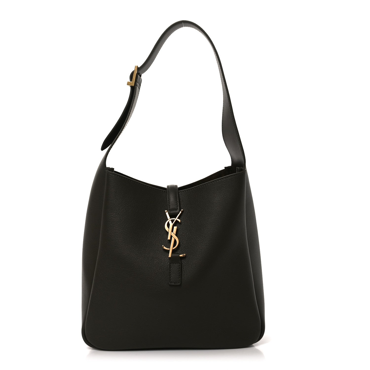 Saint Laurent Le 5 A 7 small hobo bag, black leather, YSL logo charm, top handle