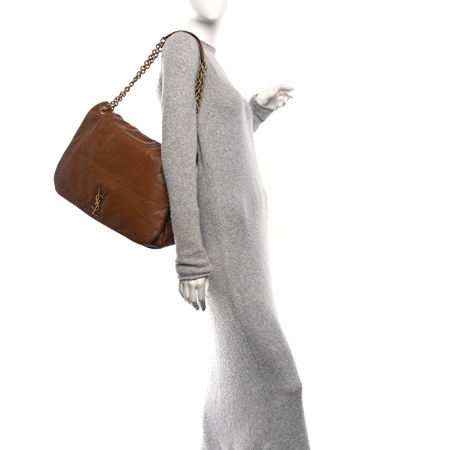 Quilted lambskin shoulder bag on chain strap, light brown with small YSL emblem