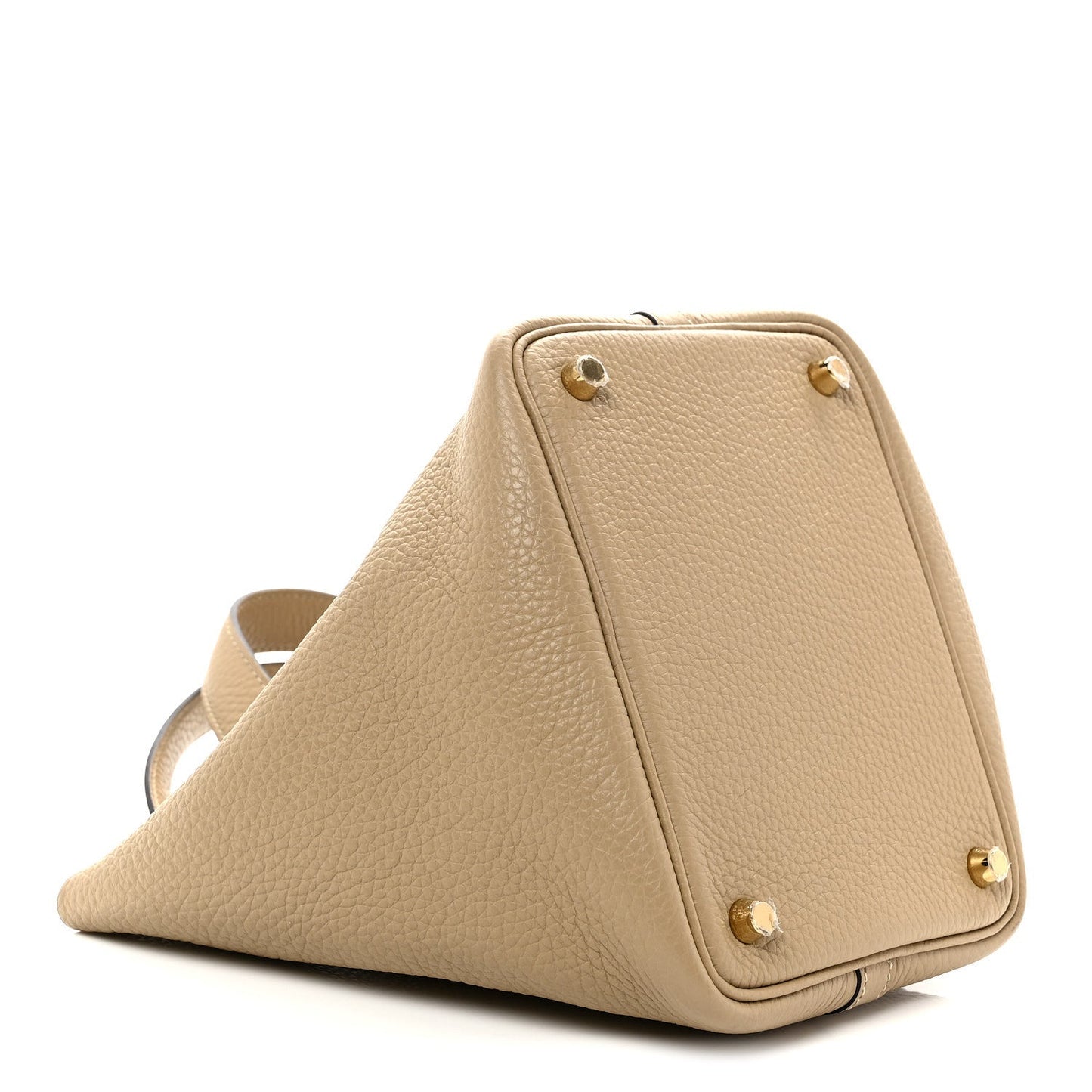 Beige grained calfskin bucket handbag angled view with gold corner hardware.