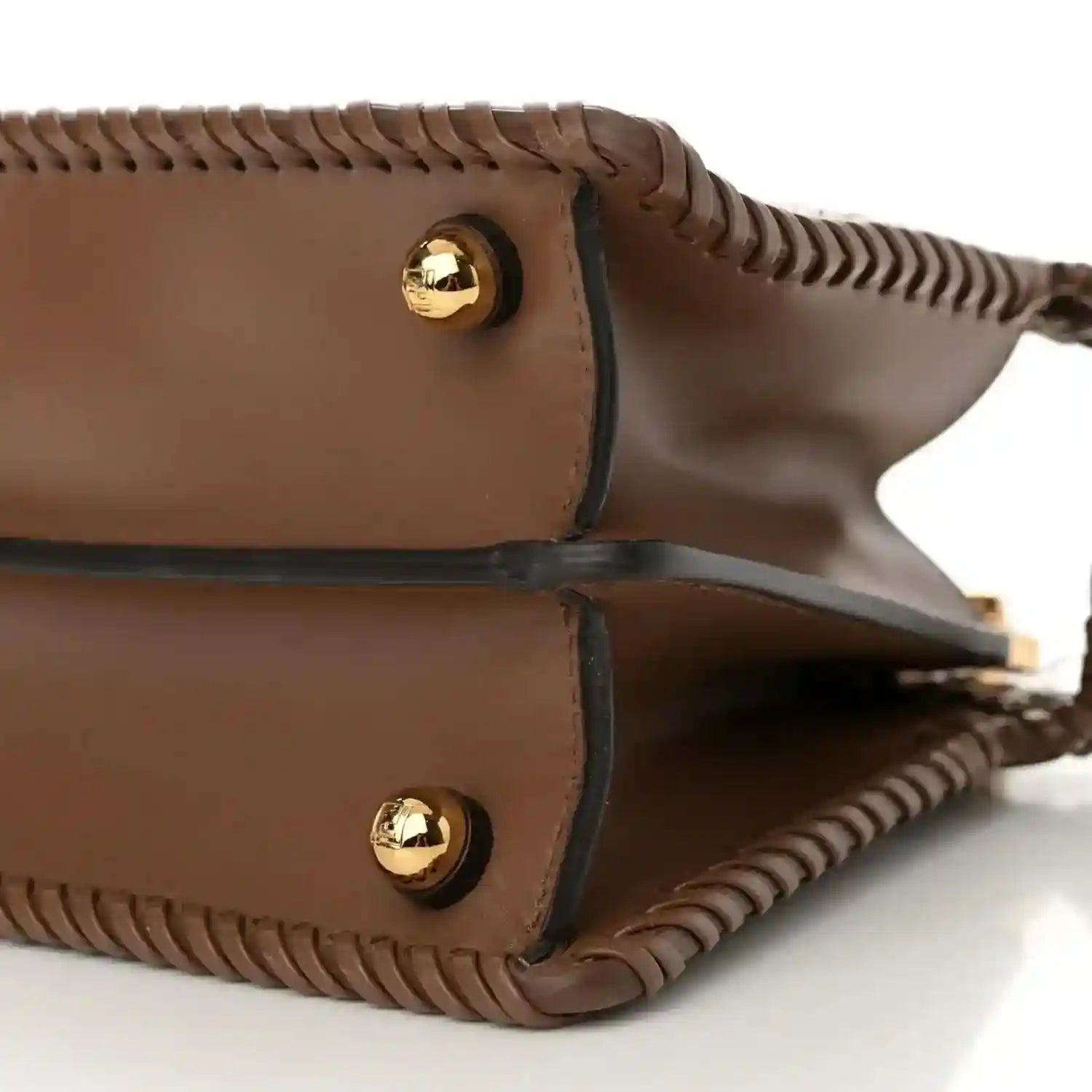 Gianduia woven leather satchel with flap, braided edges, gold snap hardware
