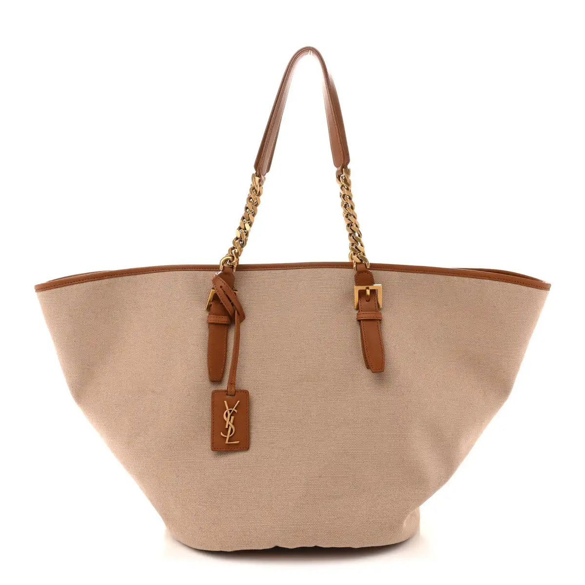 Desert dust canvas tote with brown leather straps and gold chain handle