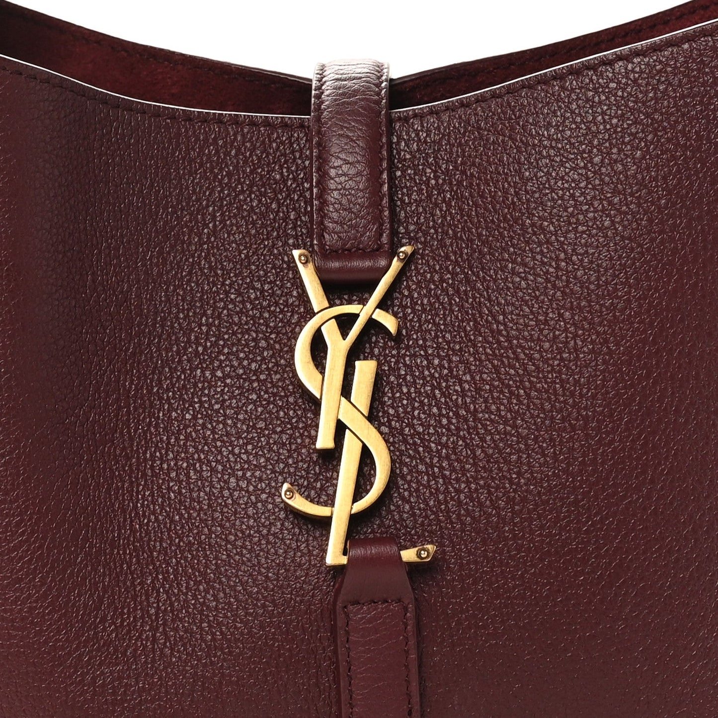 Burgundy leather hobo bag with gold YSL logo charm at center front