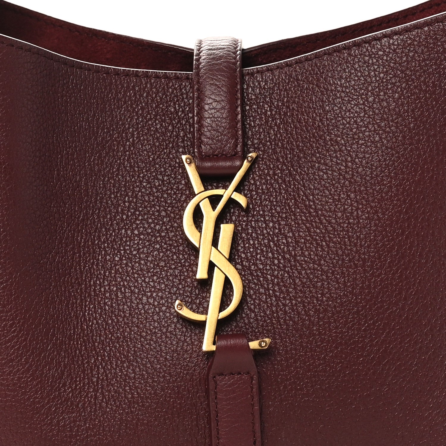 Burgundy leather hobo bag with gold YSL logo charm at center front