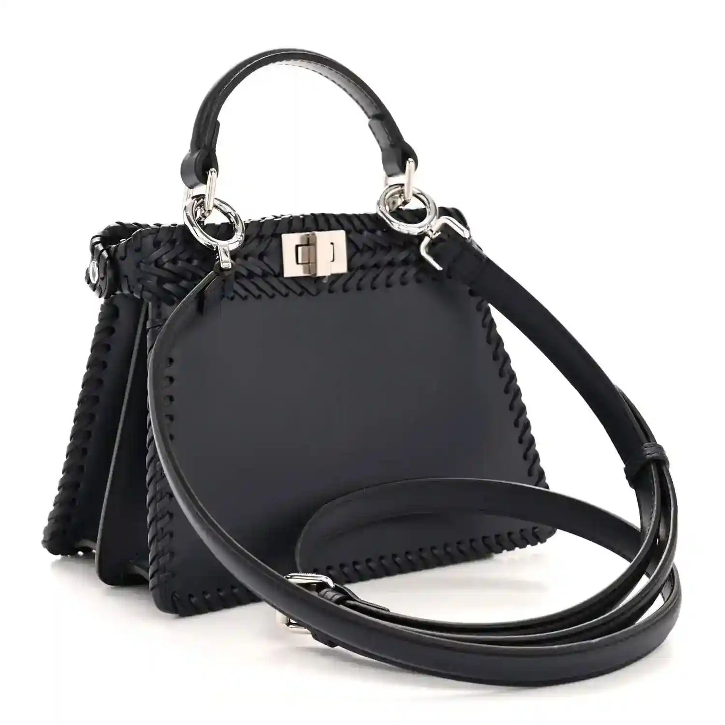 Midnight blue leather petite satchel with woven texture, ring handles and crossbody strap