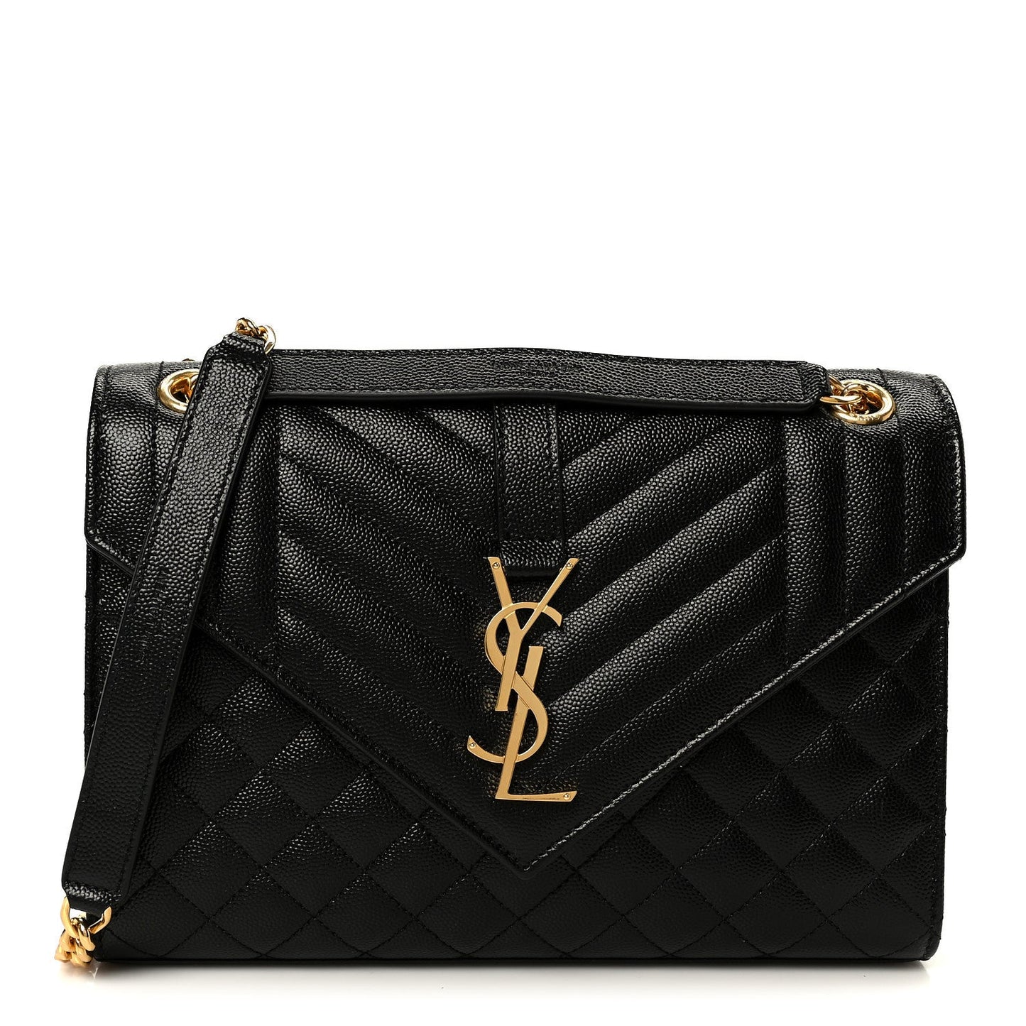 Black quilted satchel bag with flap, YSL monogram and gold chain strap