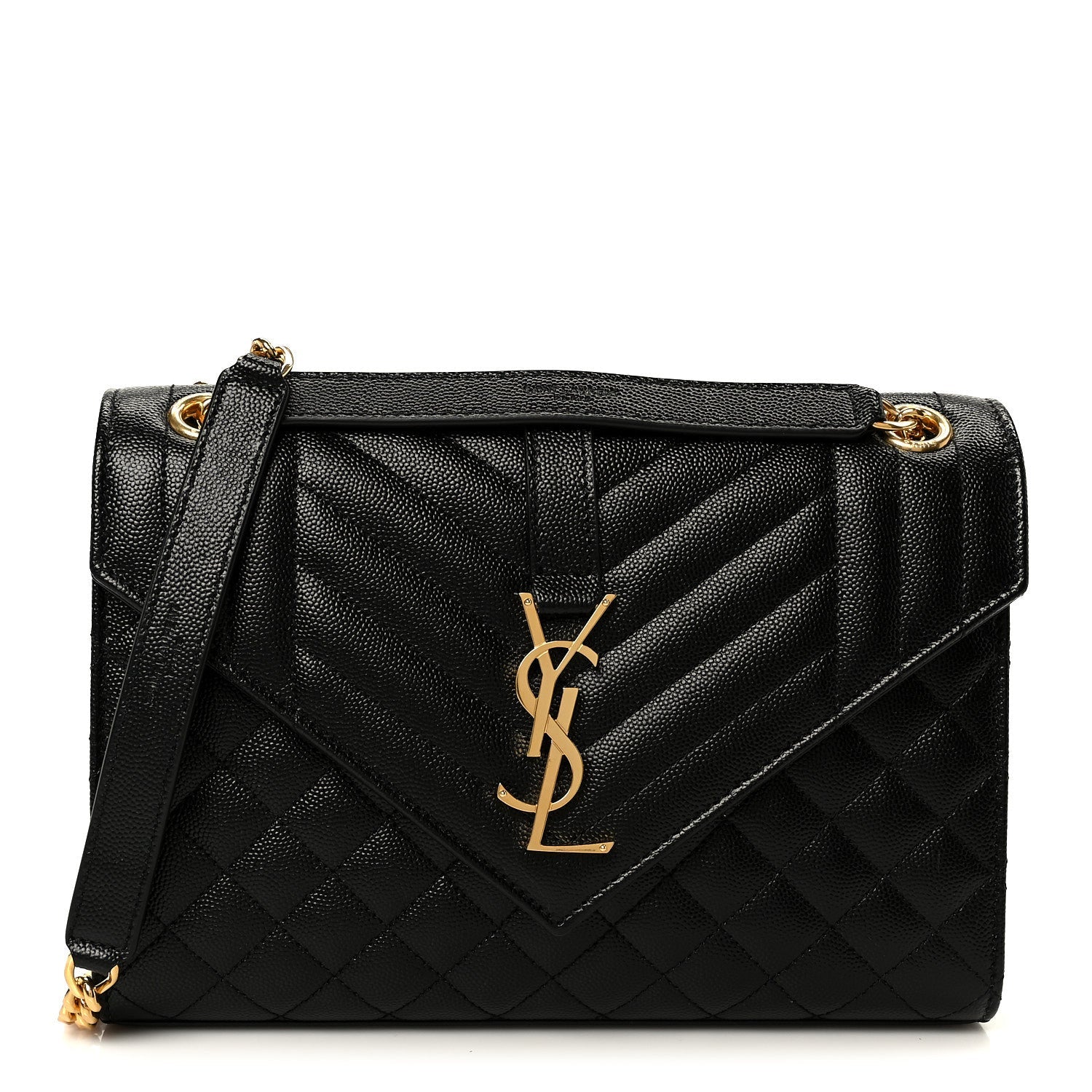 Black quilted satchel bag with flap, YSL monogram and gold chain strap