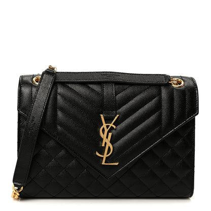 Black quilted satchel bag with flap, YSL monogram and gold chain strap
