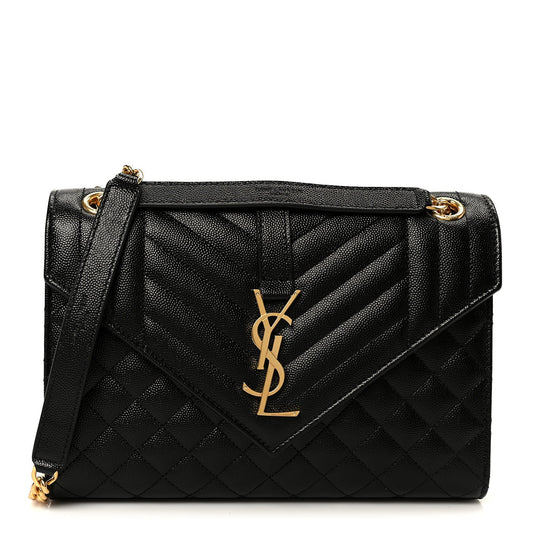 Black quilted satchel bag with flap, YSL monogram and gold chain strap