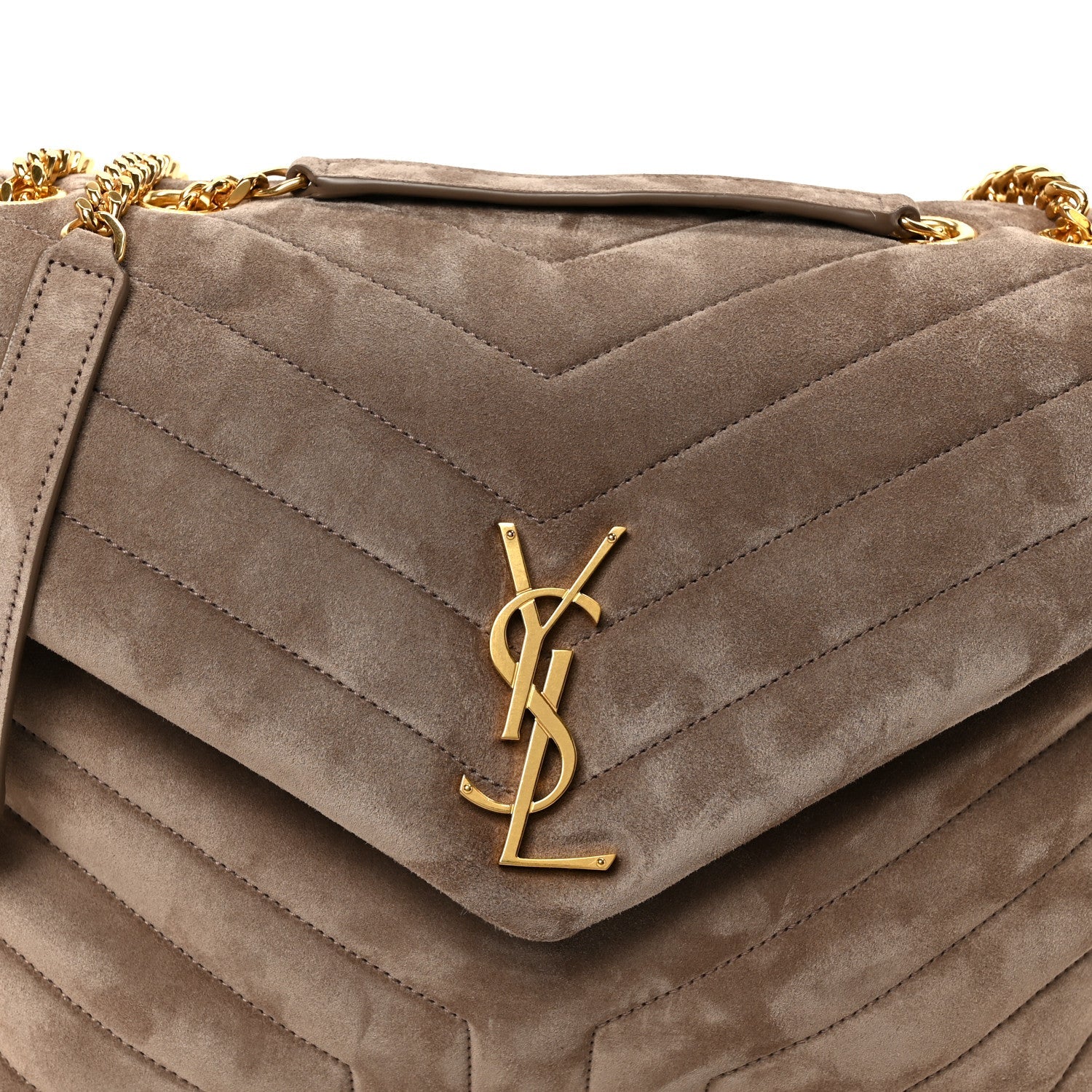 Taupe suede quilted satchel with gold YSL monogram on front flap