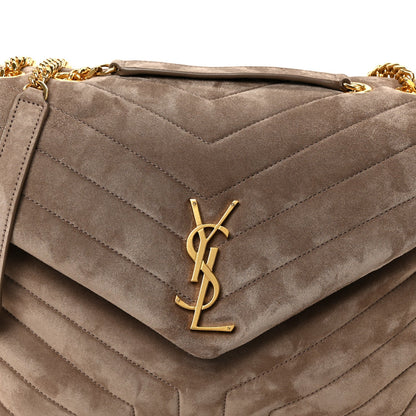 Taupe suede quilted satchel with gold YSL monogram on front flap