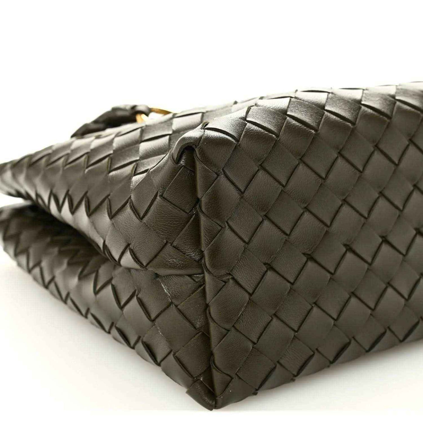 Bottega Veneta Andiamo intrecciato nappa leather shoulder bag, olive-toned, angled view