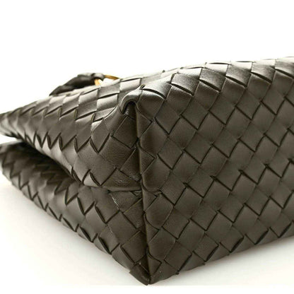 Bottega Veneta Andiamo intrecciato nappa leather shoulder bag, olive-toned, angled view