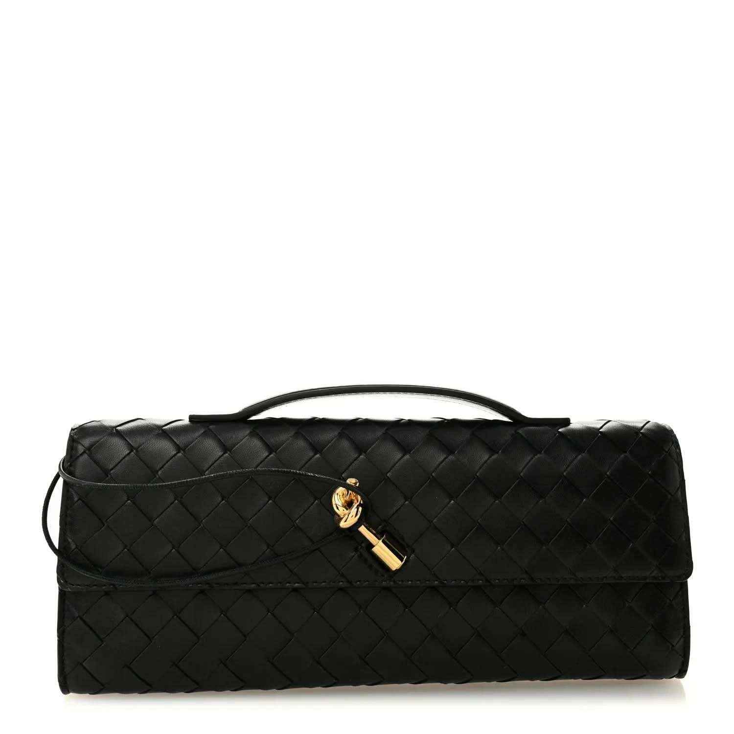 Black woven leather top-handle clutch with gold clasp