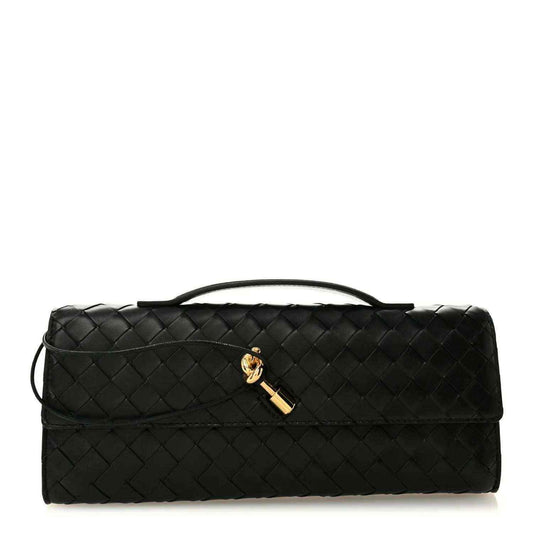 Black woven leather top-handle clutch with gold clasp