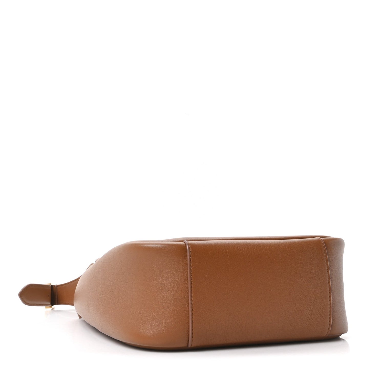Tan leather hobo bag with flat base and small strap tab at side