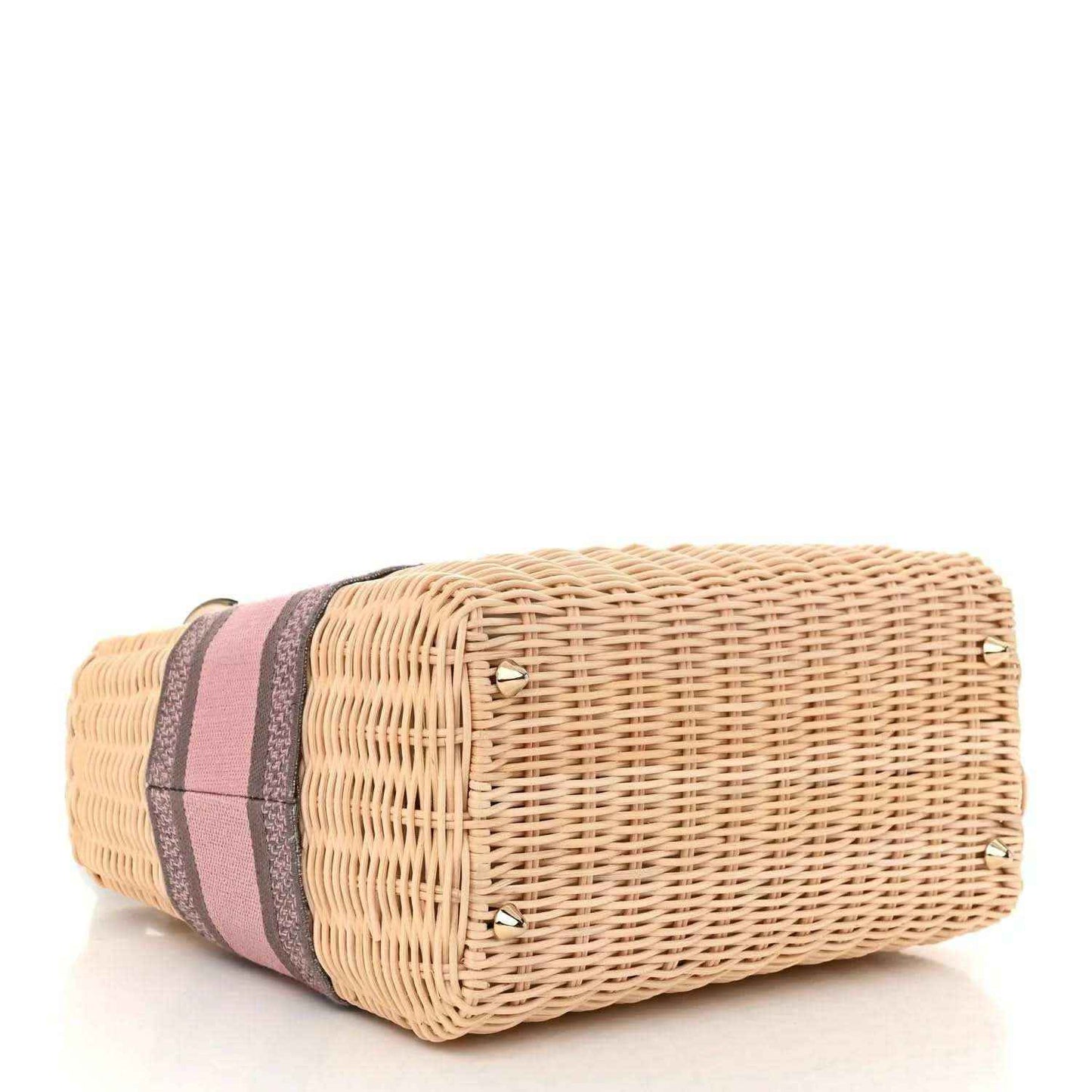Medium wicker bag base with pink and gray striped band and gold studs