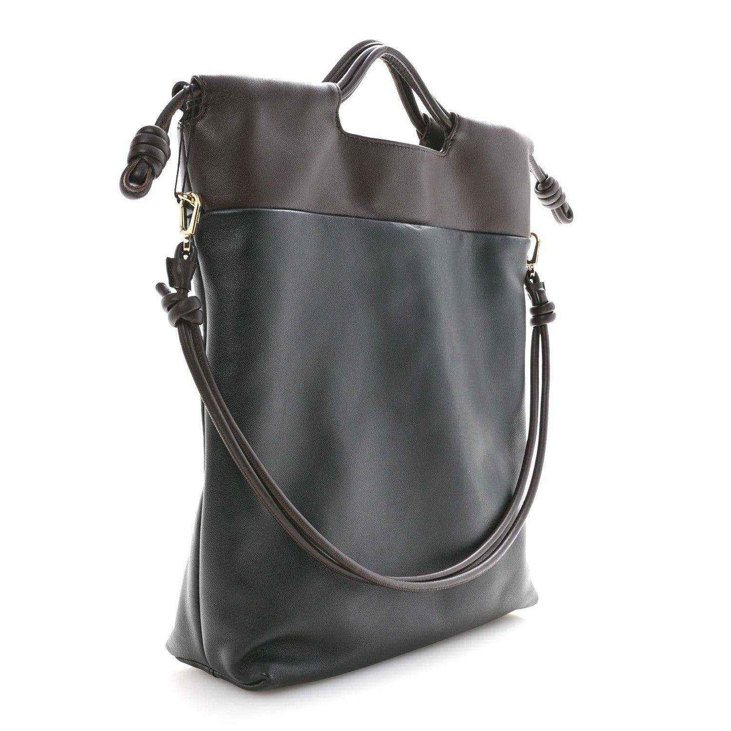 Black leather Flamenco-style tote bag with drawstring cords and top handle.