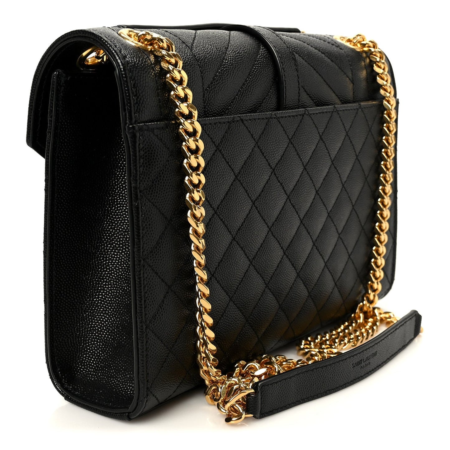 Black quilted satchel bag with gold chain strap and side handle