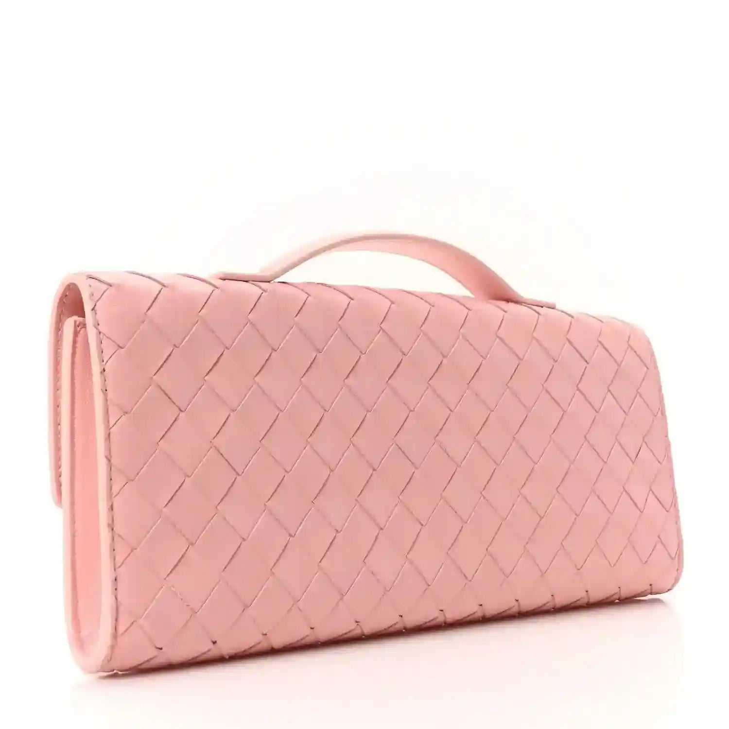 Rose pink woven nappa leather clutch with top handle and flat top flap