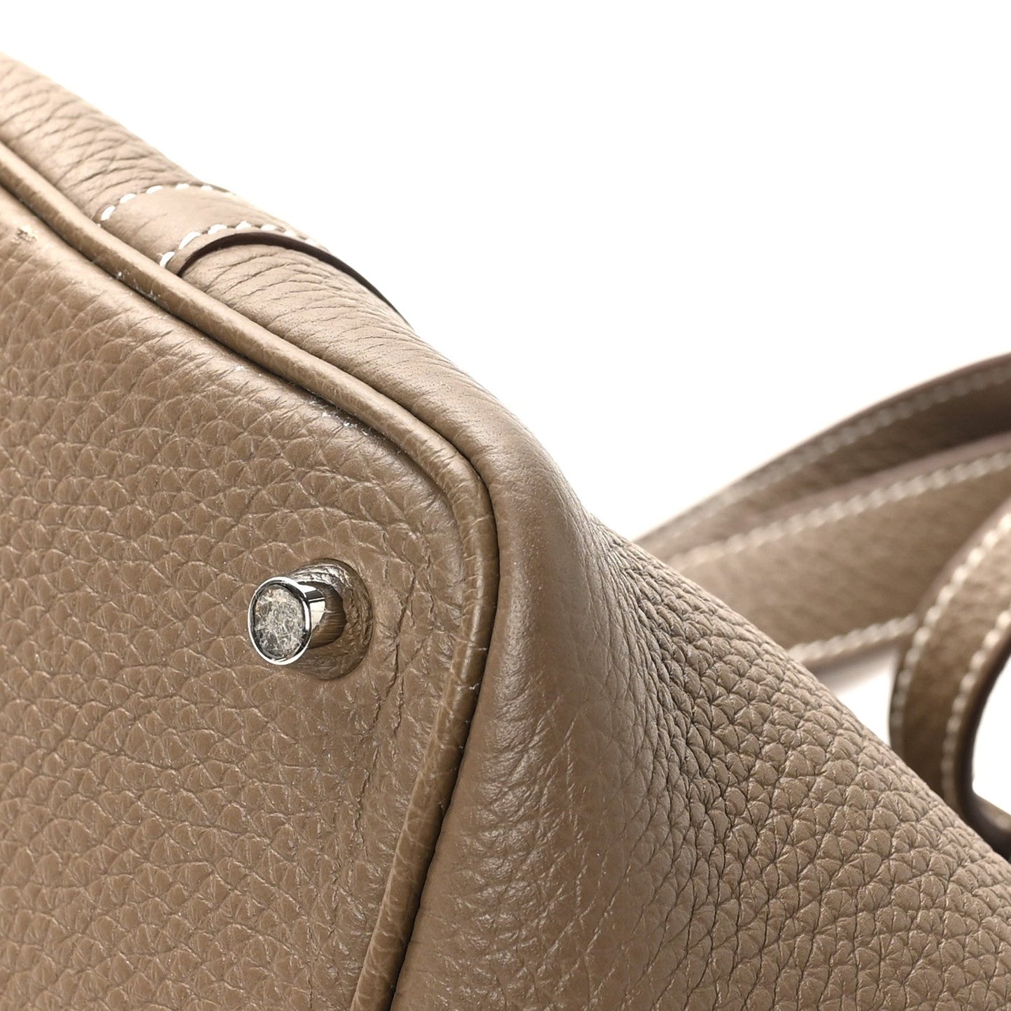 Taupe leather tote bag strap corner with round snap stud