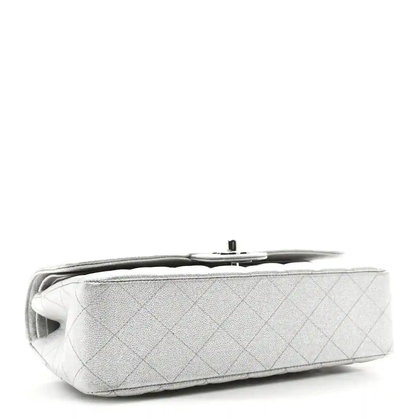 Chanel silver metallic double flap bag side view with quilted texture and top edge
