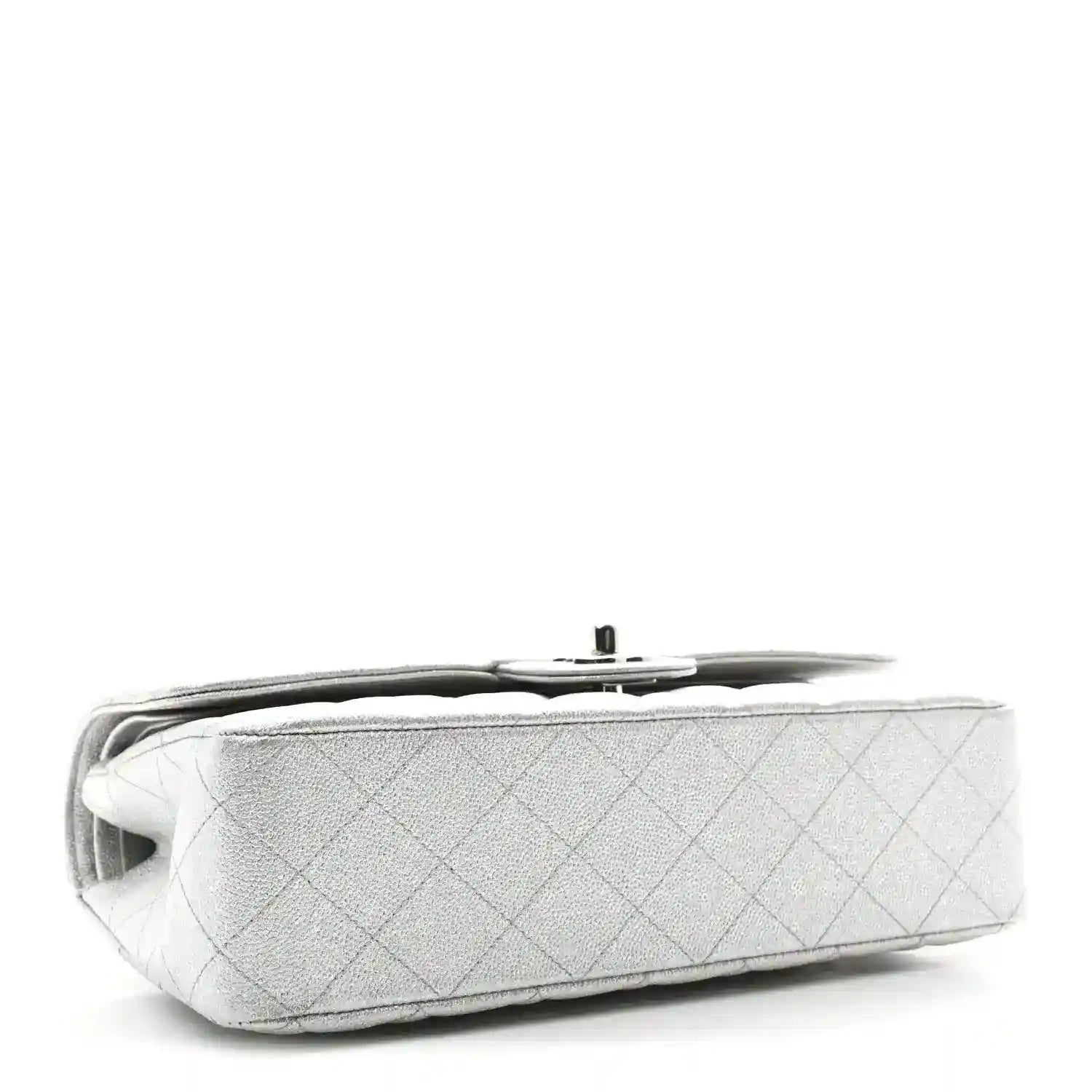 Chanel silver metallic double flap bag side view with quilted texture and top edge
