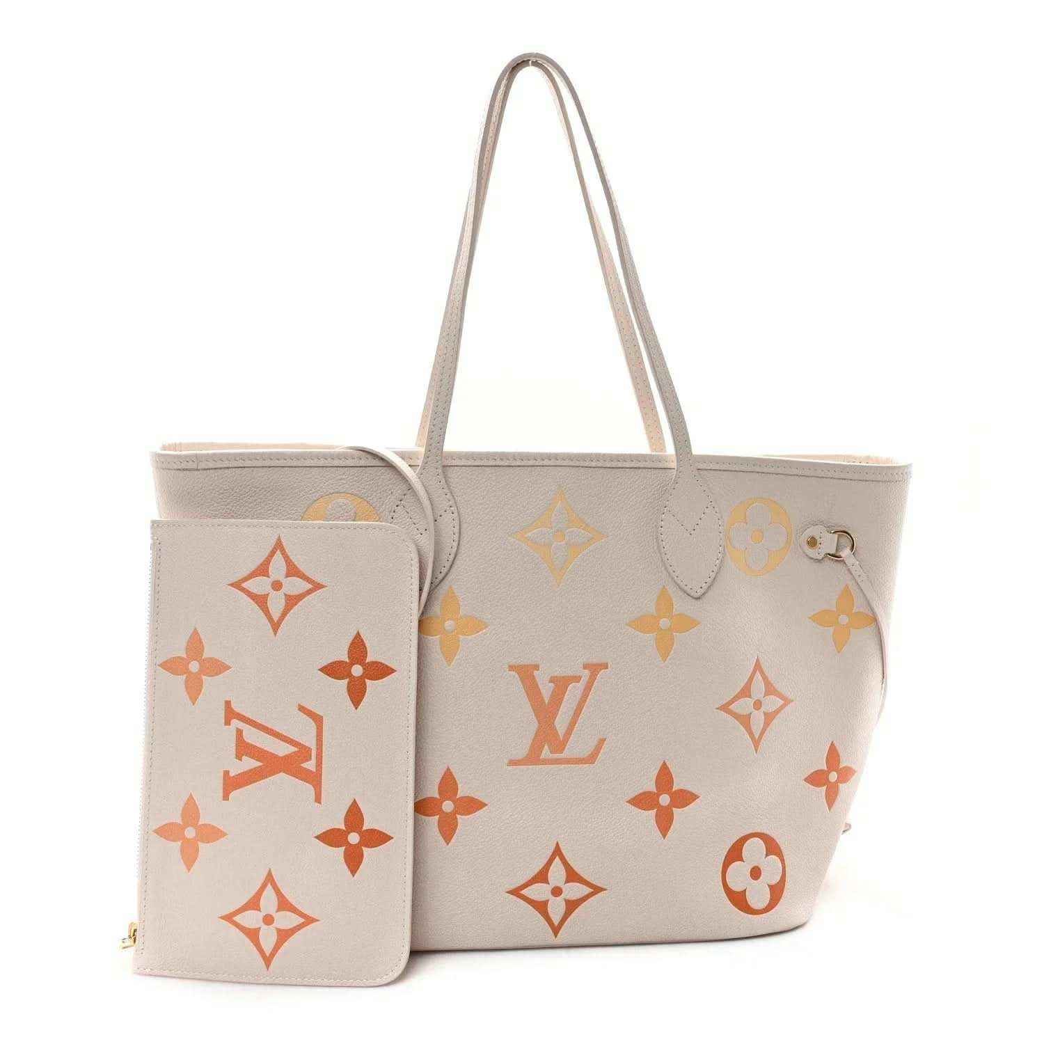 Neutral tote with matching monogram print, front pocket, and top handles