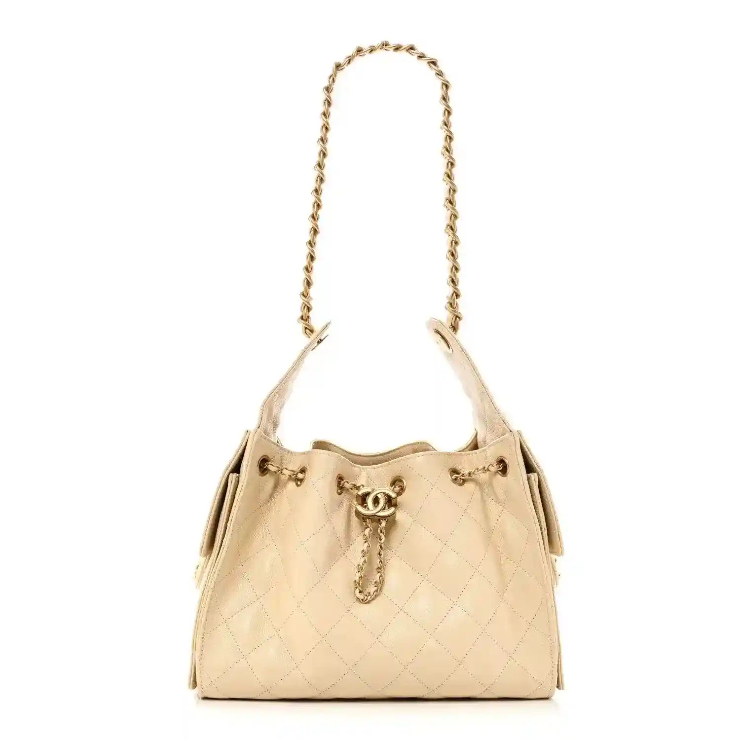 Quilted small handbag in light beige leather with top chain handle and drawstring-like closure
