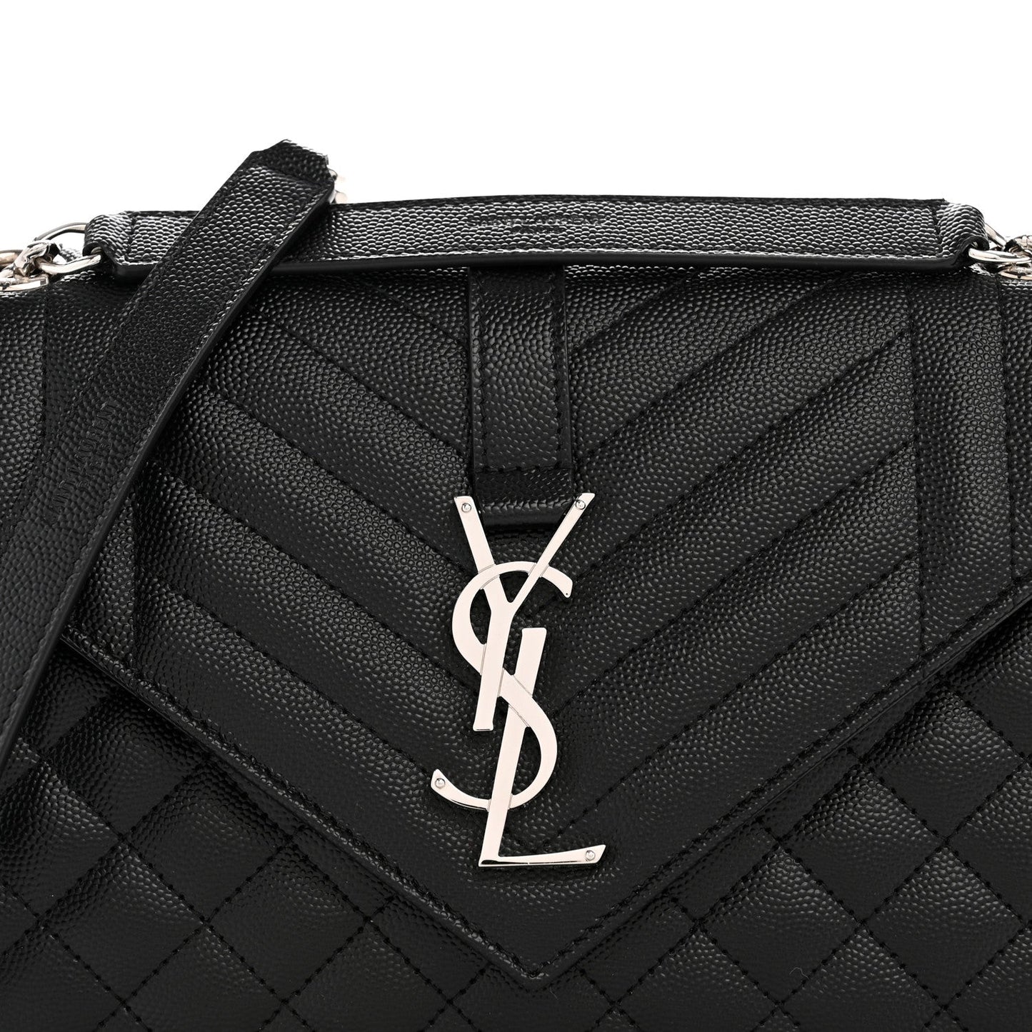 Black quilted satchel with YSL logo plaque and diagonal stitch detailing